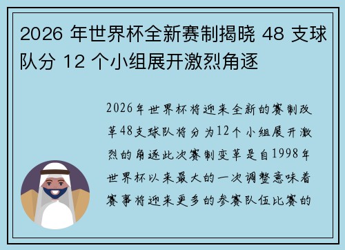 2026 年世界杯全新赛制揭晓 48 支球队分 12 个小组展开激烈角逐 2026 年世界杯全新赛制揭晓 48 支球队分 12 个小组展开激烈角逐